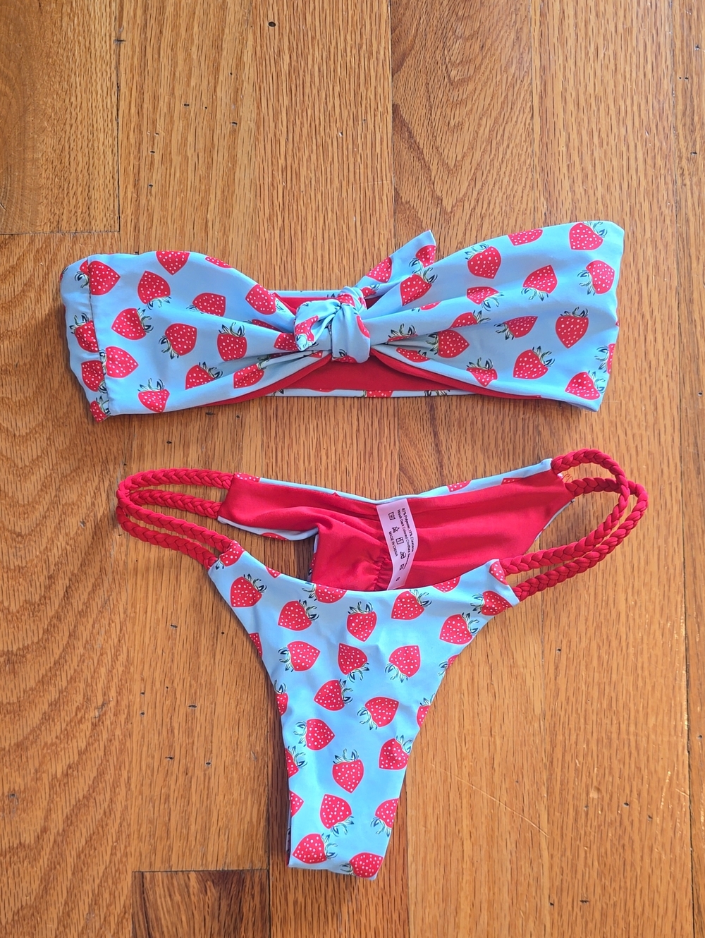 SHEIN Blue Strawberry Print Bandeau Bikini Set with Red Accents